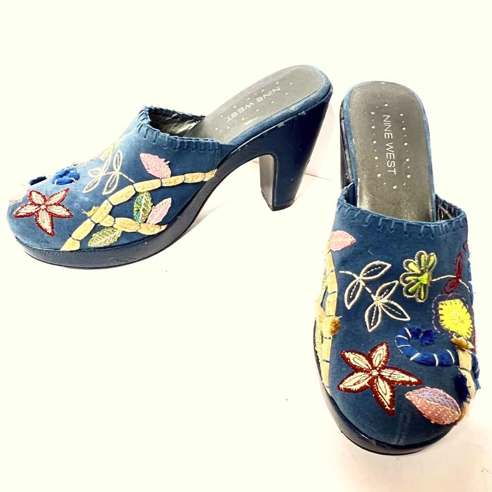 Boho Nine West Platform Clog Mule Slide Floral Shoes Size 8